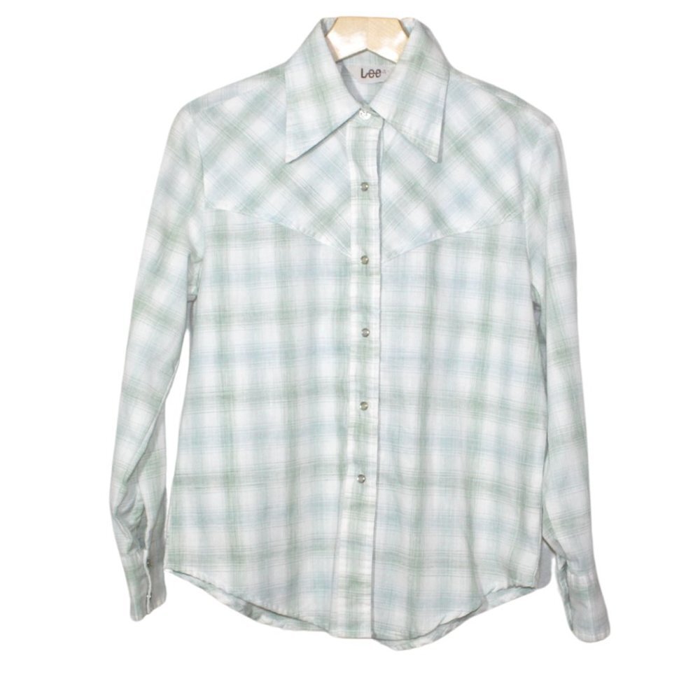 Vintage 70s Lee mens snap button shirt size S green plaid western long sleeve